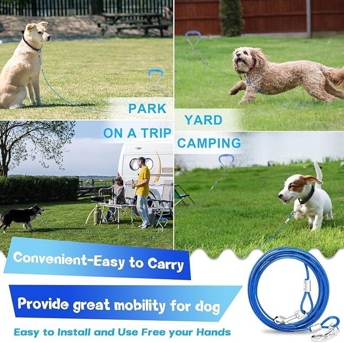 Dog Tie Out Cable and Stake 32/16/10 ft Outdoor, Yard and Camping, for Medium to Large Dogs Up to 125 lbs, 16" Stake, 32/16/10 ft Cable with Durable Spring and Metal Hooks for Outdoor