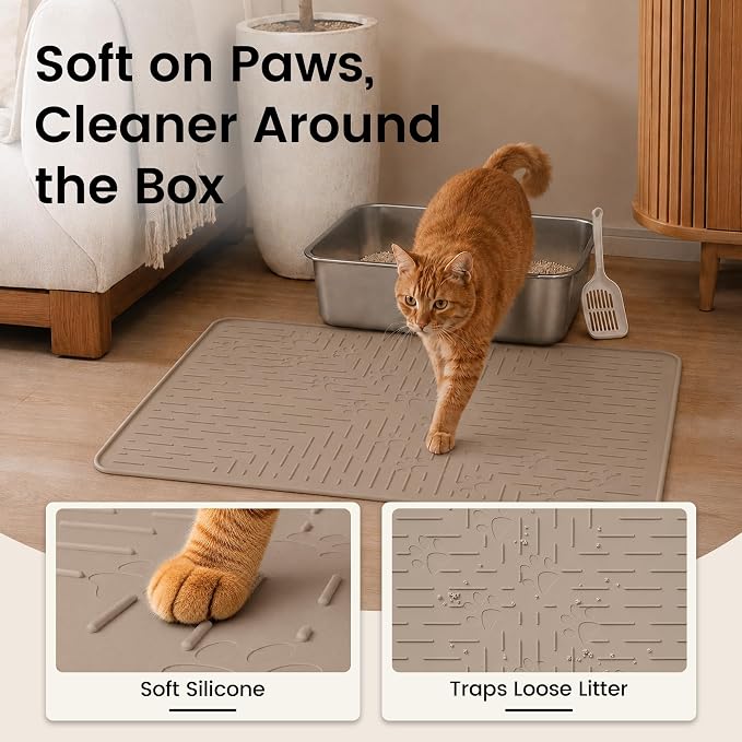 Cat Litter Mat, 23.5x16 Silicone Trapping Mat Beige | for Kitty Litter Box, Easy Clean, BPA Free Rubber, Center Litter Collection, Easy Pour-Back, Waterproof, Odor-Resistant