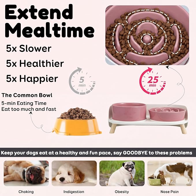 Elevated Slow Feeder Dog Bowls with Splash Proof Stand, Slow Eating 5X | 6.5″ Dog Slow Feeding Bowls & 6.1″ Dog Food Dish, Non-Slip Raised Food and Water Bowl Set for Small and Medium Breeds, Pink
