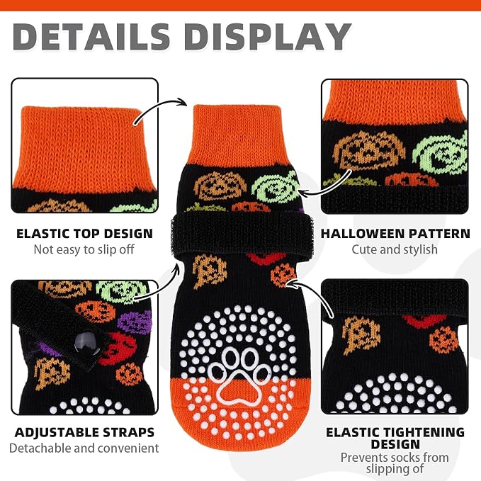 KOOLTAIL Anti Slip Halloween Dog Socks to Prevent Licking Paws, Dog Costume Boots&Paw Protector with Grippers for Hardwood Floors, Traction Control No Twist Booties for Small Medium Large Dogs, SM