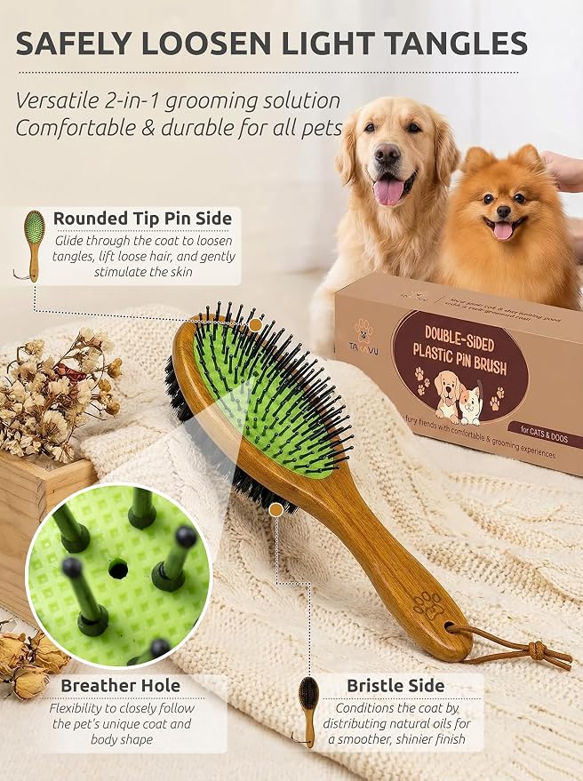 TAKAVU Pin & Bristle Pet Brush for Dogs & Cats, Double-Sided | Grooming Tool Detangles, Removes Loose Hair & Conditions Coat, Soft on Sensitive Skin, Natural Wood Handle Groomer