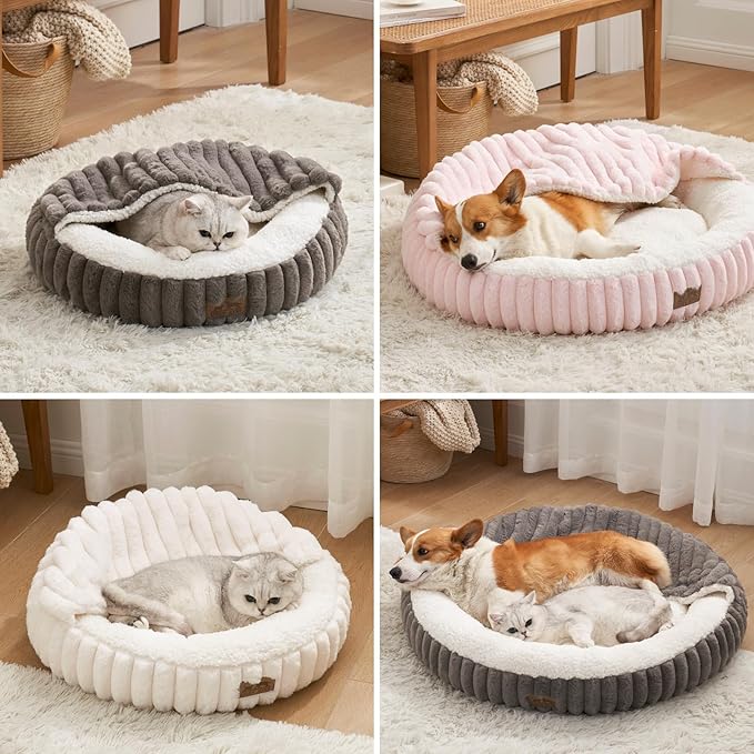 COZY KISS Hooded Blanket Cat Bed – 20"x20" Round Fluffy Donut Cuddler for Cats & Toy Dogs, Anti-Anxiety Faux Fur Pet Bed, Machine Washable with Non-Slip Bottom, Grey