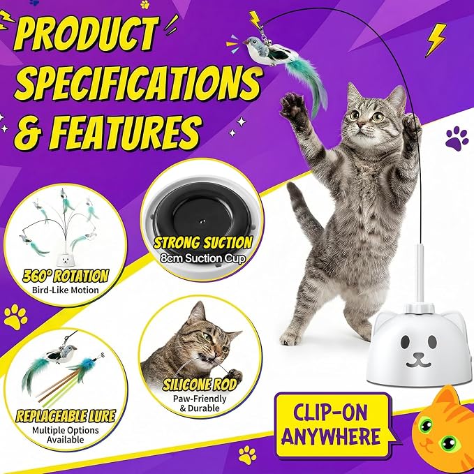 Interactive Cat Toys for Indoor Cats, 360° Automatic Spin Flying Bird Wand | 8cm Suction Cup & Weighted Base, Silicone-Protected Rod, USB Rechargeable with Replaceable Feather & Streamer Attachments