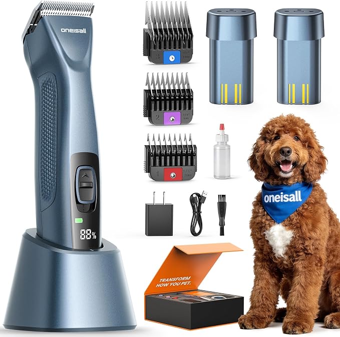 oneisall Professional Dog Clippers Dual Battery Unlimited Runtime A5 Blade | 3700SPM 2-Speed, 2 Pcs 2600mAh Swappable Battery, Low Noise Dog Grooming Clippers for Thick Long Curly Matted Hair