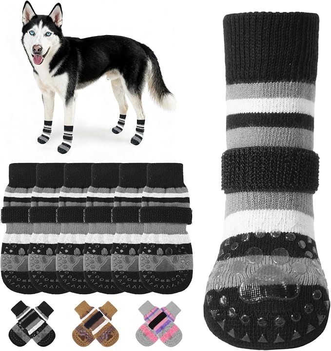 KOOLTAIL Anti Slip Dog Socks to Prevent Licking Paws and Slipping, Extra-Thick Grip Pet Boots & Paw Protectors, Winter Warm Puppy Shoes Booties for Hardwood Floors Small Medium Large Senior Dogs, L