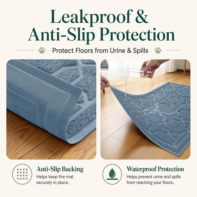 Yimobra Cat Litter Mat, Easy Clean Trapping PVC Mat, 35.4" x 23.6", Waterproof Backing, Non Slip Bottom, Scatter Control Pad for Litter Box, Tea Blue