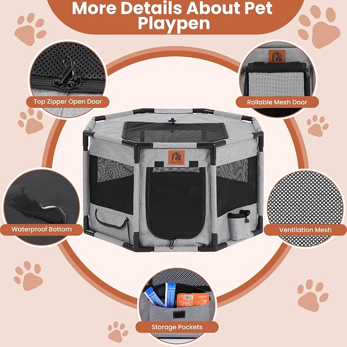 Enclosed Pet Playpen, Portable Cat & Puppy Playpen with Sturdy PVC Pipe Frame and Scratch-Resistant Fabric, Soft Kennel Crate Fence for Pet Indoor Outdoor Use (Small Size, 28x28x16.9 Inches)