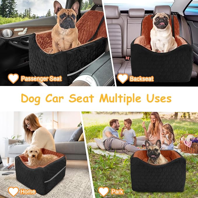 Dog Car Seat for Small/Medium Dogs, Memory Foam Dog Booster Seat, Travel Safety Per Car Seat with Washable Removable Cover, Storage Pockets for Dogs up to 35 lbs (Black/Red Brown, Small)