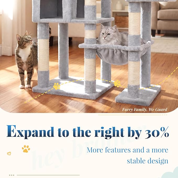 Hey-brother Cat Tree Tower, Wide Base, 5 Platforms for Multi-Cats, MPJ074W | 72.8 Inches Tall Furniture, 5 Plush Beds, Large Condo, Big Hammocks, Sisal Scratching Posts, for Indoor Adult Cat, Light Gray