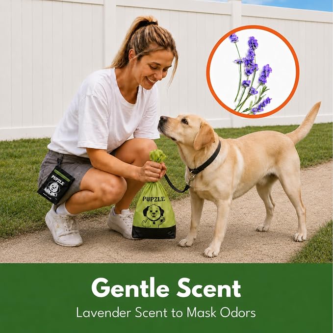 Pupzle 2-Ply Thick Dog Poop Bags For Dogs, Multi-layered Hand Protection | Thick Dog Poop Bags and Odor Blocking Heavy Duty Large Doggy Bags, Includes Pouch, Lavender Scented 250 Bags For Pet Waste