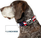 Dog Collar Seatbelt Buckle American Flag, Vivid Close Up, 18 to 32 Inches | 1.5 Inch Wide, USA Patriotic Collar for Large Dogs, Durable Pet Restraint & Safety Travel Gear, Adjustable Neck Size