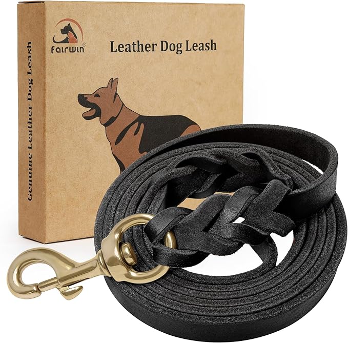 FAIRWIN Leather Dog Leash 6 Foot - Braided Military Grade Heavy Duty Dog Leash for Large Medium Small Dogs Training and Walking(Black, L:3/4" x 6ft)