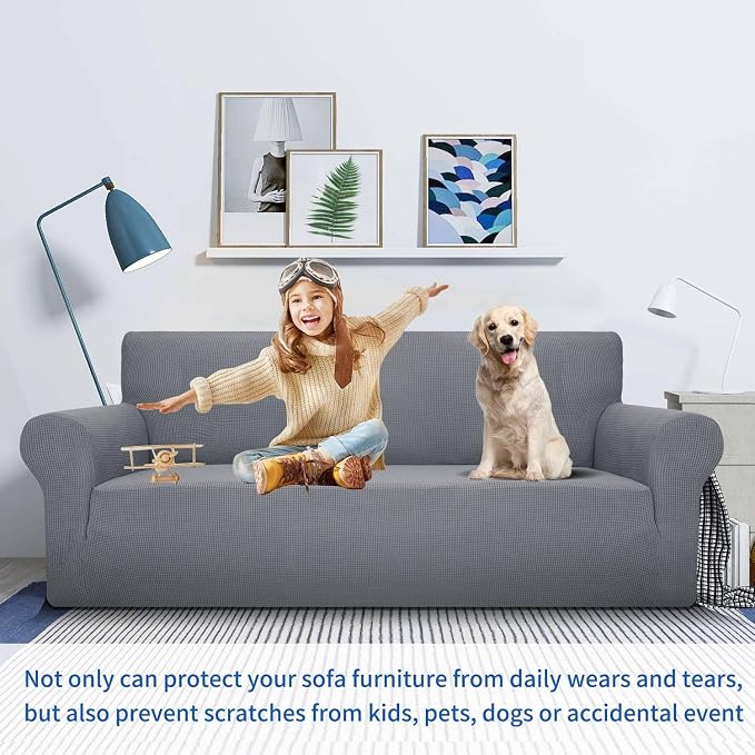MAXIJIN Super Stretch Couch Cover for 3 Cushion Couch, 1-Piece Universal Sofa Covers Living Room Jacquard Spandex Furniture Protector Dogs Pet Friendly Fitted (Extra Large, Light Gray)