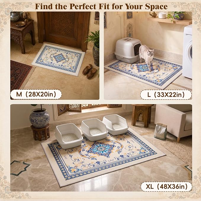 Bienbee Cat Litter Mat, 2PCS 33"x22" Machine Washable Litters Box Mats Non-Slip &Waterproof Cat Litters Trapping Mats Easy to Clean Mat for Litter Box Less Waste Protects Floors Blue and Gold L
