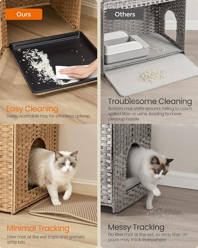 Feandrea Cat Litter Box Enclosure, Handwoven Rattan Hidden Furniture | Extra Mat, Removable Washable Tray, Boho Cat House, End Table, Goose Yellow UPCL024YE01