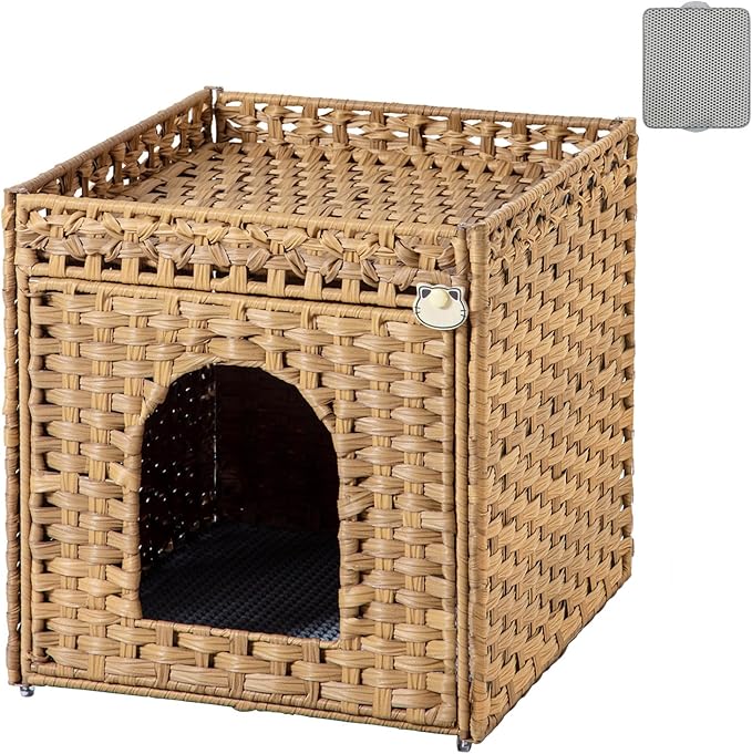 SETVSON Cat Litter Box Enclosure Furniture, Hidden PE Rattan, Natural | PE Rattan Kitty House with Top Fence, Fits Standard Litter Box, Included Litter Mat, 2 S-Hooks, Sturdy Metal Frame
