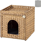 SETVSON Cat Litter Box Enclosure Furniture, Hidden PE Rattan, Natural | PE Rattan Kitty House with Top Fence, Fits Standard Litter Box, Included Litter Mat, 2 S-Hooks, Sturdy Metal Frame