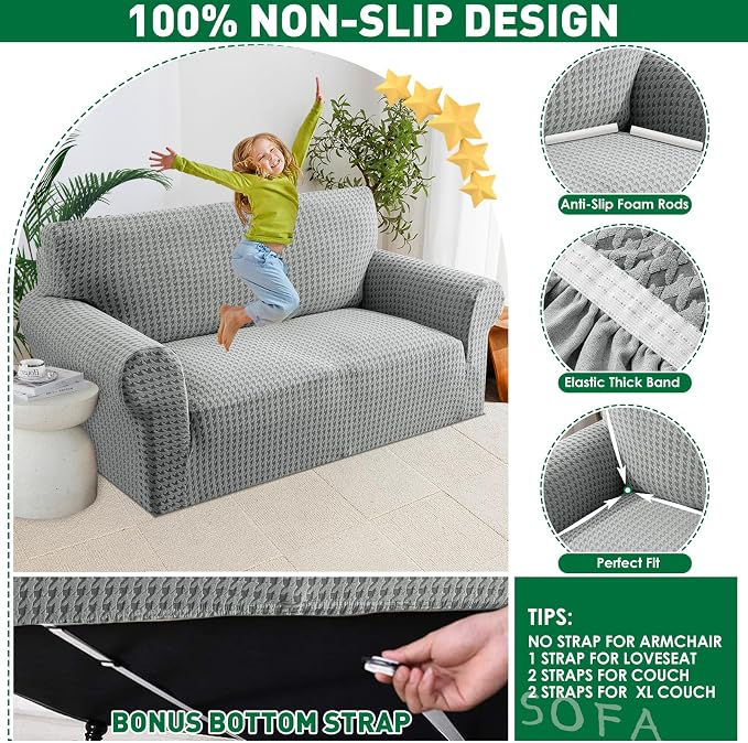 MAXIJIN Stretch Couch Cover Sofa Covers for 3 Cushion Couch (71"-91" Washable Sofa Slipcovers with Non-Slip Foam & Elastic Strap, Dog Cat Pet Friendly Furniture Protector (Large, Light Gray)
