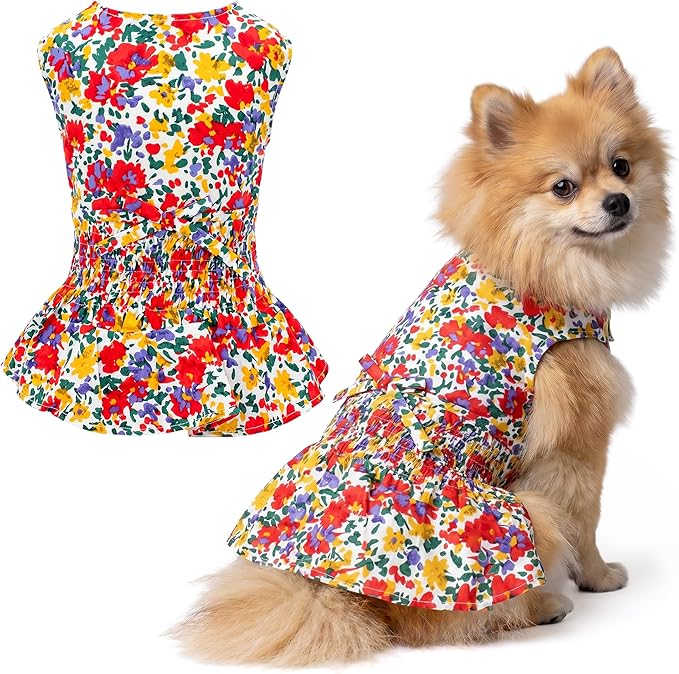 Parisian Pet Floral Dog Dress - 100% Cotton Summer Clothes for Medium Dogs Girl - Ruched Waist Pet Dress - Stylish Printed Beach Dog Outfit - Lightweight Puppy Clothes - Sleeveless Dresses for Dogs