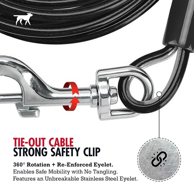 Tuff Pupper Dog Tie Out Cable, 50 ft Heavy Duty Lead for up to 250 lb Dogs | Extra-Strong Coated Steel Wire for Large Dogs; Water/Rust Resistant Yard Runner Line with 360-Degree No-Tangle Swivel Clips