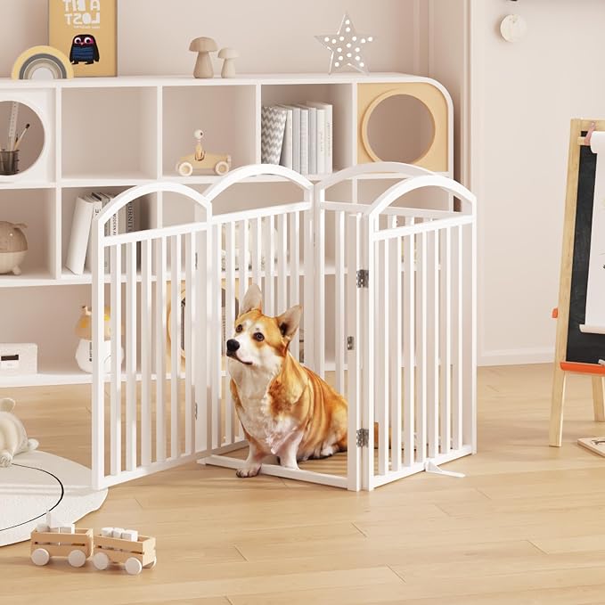 Foldable Pet Fence 80" Wide, 30" Tall,No-Assembly Dog Gate with Door,White | 4 Panels Metal Folding Freestanding Dog Gate Walk Through,Extra Accordion Puppy Folding Playpen for Doorways, Stairs,House