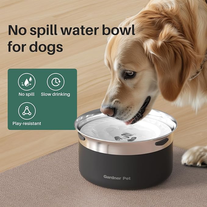 Gardner Pet Slow Water Bowl for Dogs – No Spill, Anti-Splash Floating Plate Design, Slows Drinking to Reduce Mess, Keeps Water Clean & Floors Dry, 3.8L(Black)