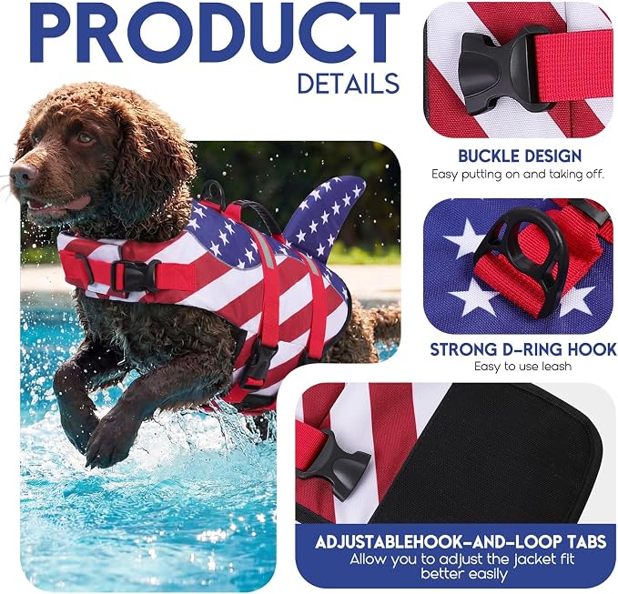 ASENKU Dog Life Jacket - Pet Safety Vest for Swimming & Boating, Shark Life Jacket with Floatation, Dog Lifesavers Swimsuits for Small Medium Large Dogs (RedFlag, L)