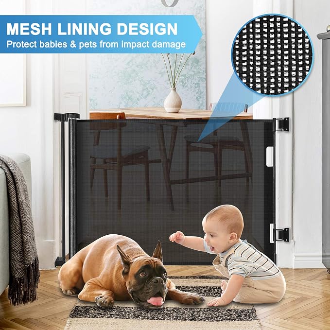 55" Wide Retractable Baby Gates for Doorways, Retractable Dog Gate, Black | Indoor & Outdoor, Space-Saving, Easy One-Hand Operation, Safety Lock, Durable Mesh, Easy Install, for Stairs/Hallways/Decks