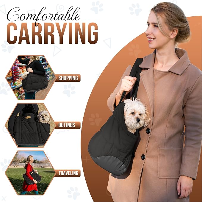 Plush Dog Purse Carrier for Small Dogs, Soft Tote Bag with Safety Harness Clip, Cozy Pet Carrier for Dogs Under 15 lbs, Comfortable Shoulder Carrier for Travel, Black 2.0