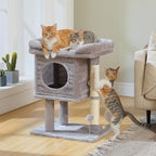 PAWZ Road 26" Cat Tree for Indoor Cats, Small Tower with 19X13”Bed | Cozy Cat Condo with Tall Sisal Posts & Spring Ball, Raised Edge Bed Keeps Cats Secure Compact for Corners or by Window