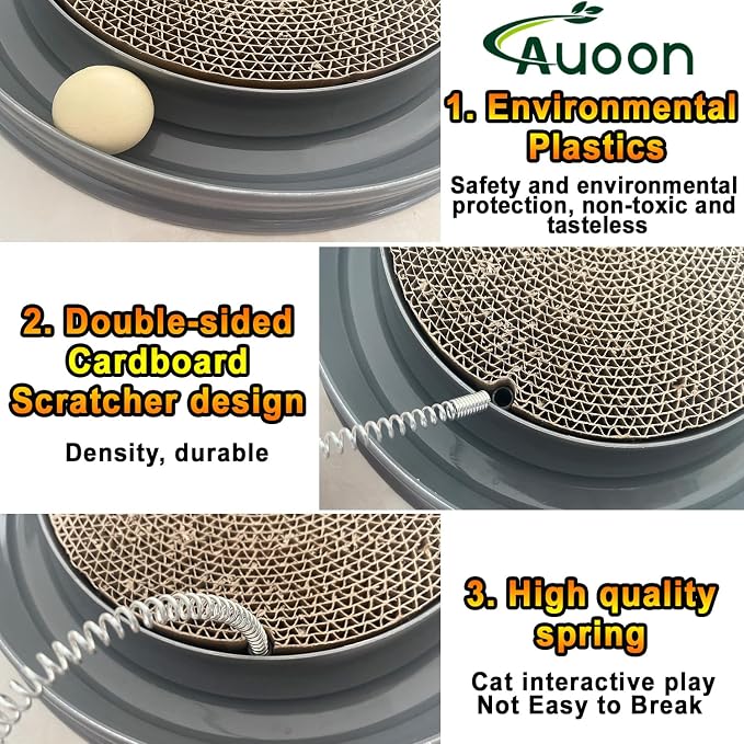 AUOON Cat Scratcher Toy with Ball Track for Indoor Cats and Kittens, Gray | 3 in 1 Interactive Cat Toy, Cat Scratch Pad with Cat Ball Toy and Cat Mouse Toy, for Chasing Exercise, Protect Furniture