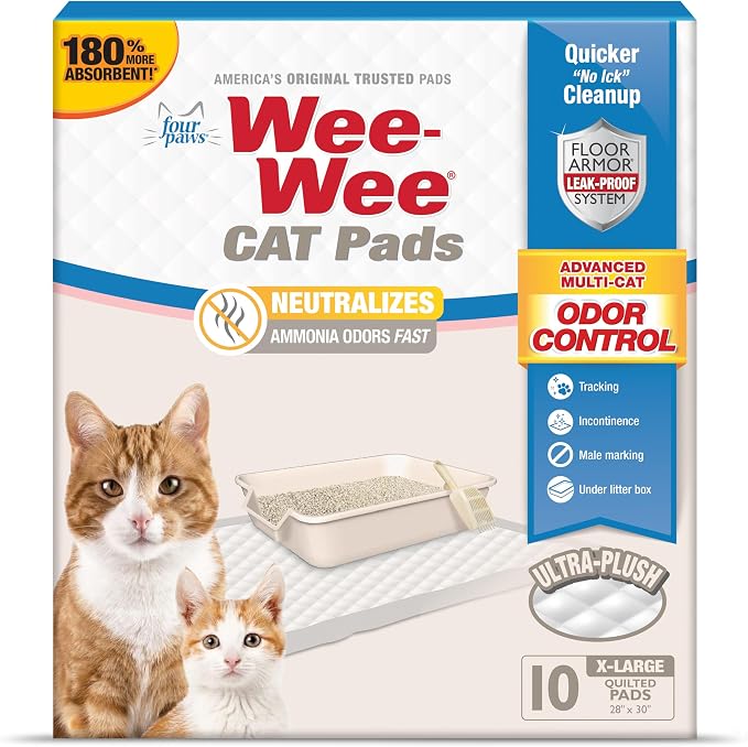 Four Paws Wee-Wee Cat Pads, Unscented, 10 Count | Disposable litter box mats, great for under litter boxes, advanced odor control, fast absorption, litter tracking, 28" x 30"