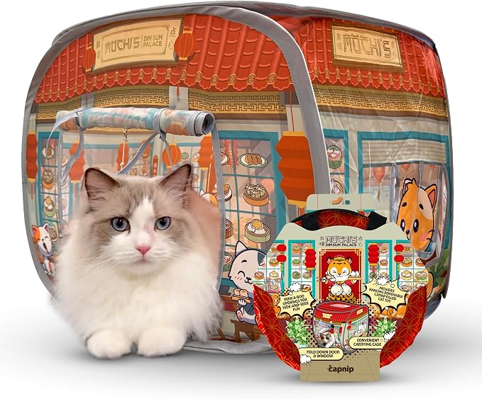 Cat House & Tent for Indoor Cats – Pop-Up Cat Tent House with Catnip Toy, Restaurant Theme for Cats & Kittens, Mochi’s Dim Sum Palace