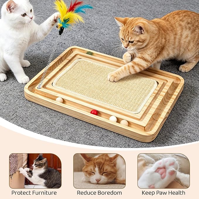 Cat Scratcher, Sisal Cat Scratcher Toy with Ball Track Spring Ball, Wooden Interactive Toy for Indoor Cats and Kittens Chasing Hunting Mental Physical Exercise Puzzle