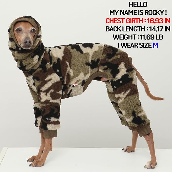 D Doggy Star Italian Greyhound Sweater Turtleneck Outfit Camo Warm Fleece Onesie Clothes Whippet for Dog Coat (M,FLC Green Camo)