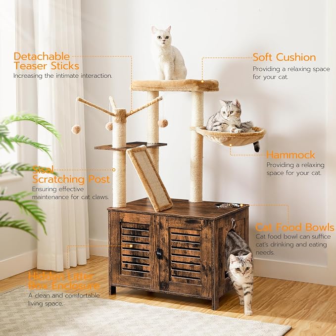 HOOBRO Cat Tree with Litter Box Enclosure, 44" Tall Wooden Cat Tower with Scratching Posts, Cat Hammock, Hidden Litter Box Furniture, All-in-One Indoor Cat Condo, Rustic Brown FG48MZ03