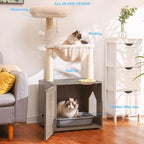 Hey-brother Cat Tree Tower, Litter Box Enclosure, Food Station, MPJ100SG | 47.24 Inches Wooden All-in-one Cat House, Large Hammock, Bed, Scratching Posts, Modern Style for Indoor Cats, Rustic Gray