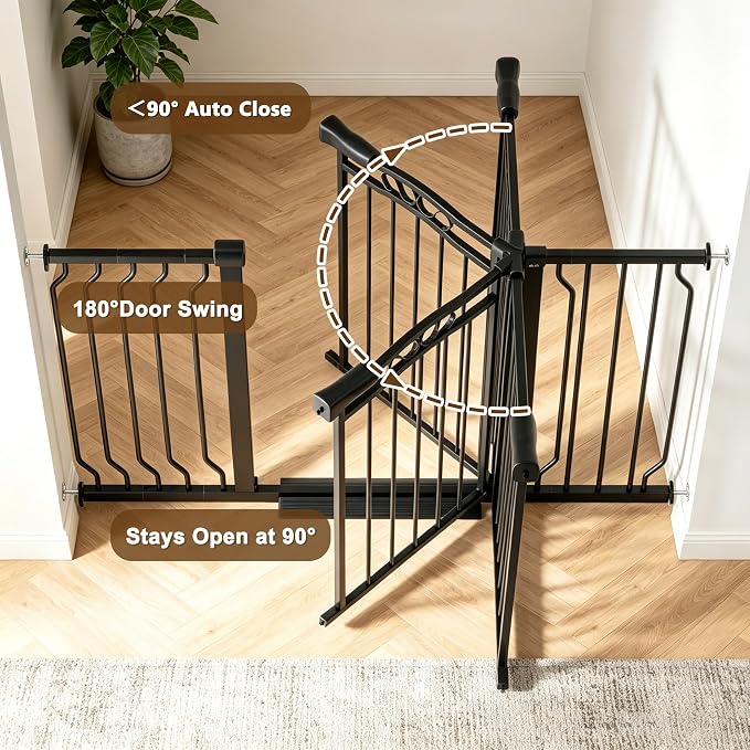53.1"-62.5" Extra Wide Baby Gate & Dog Gate, Pressure Mounted No Drilling Pet Gate for Doorways & Large Openings, with Walk-Through, Auto-Close & Dual-Direction Swing, Black