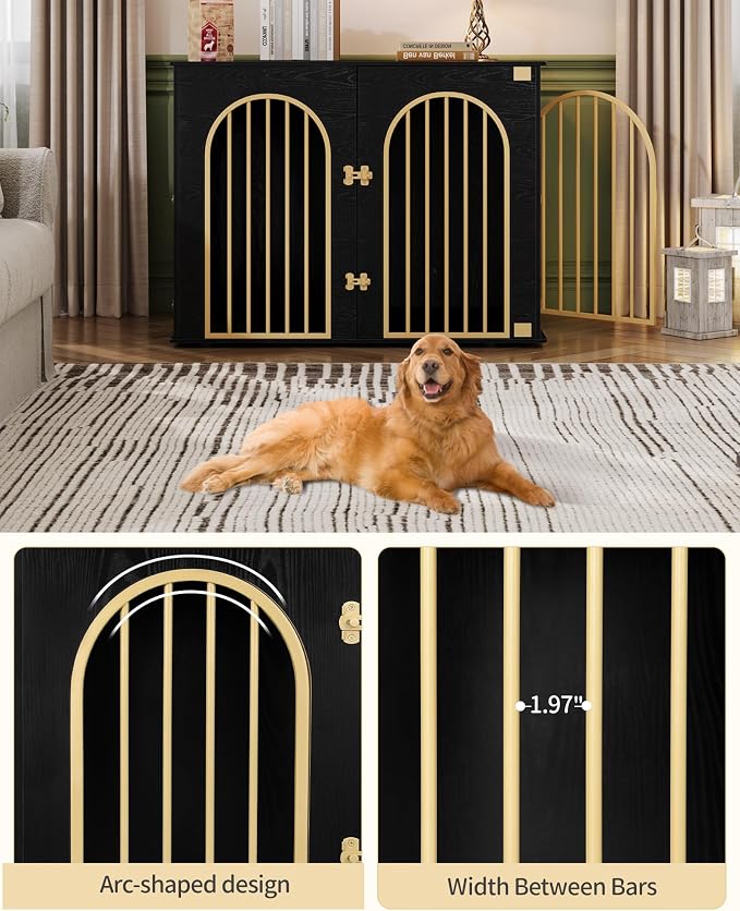 Hzuaneri 44.1" Wooden Dog Crate Furniture, Indoor Dog Kennel Dogs Cage for Small/Medium/Large Dogs, Heavy Duty Dog Crates Decorative Pet House End Side Table TV Stand, Black Gold DFC83904A