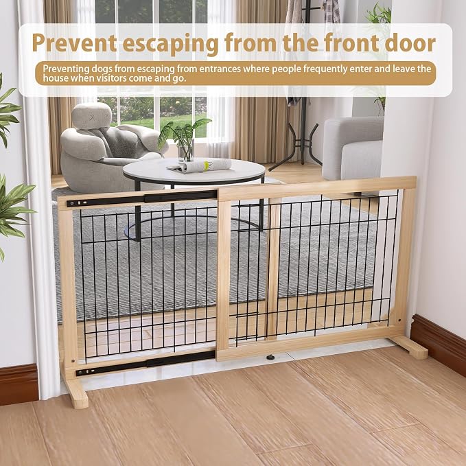 YOCAN Extra Wide Adjustable Dog Gate for Doorways & Stairs, 19.7" Tall, 31.5–61" Wide, Freestanding Pet Safety Gate with Wood & Metal Frame, No Drill Pressure Mount, Indoor Barrier (Black/Natural)