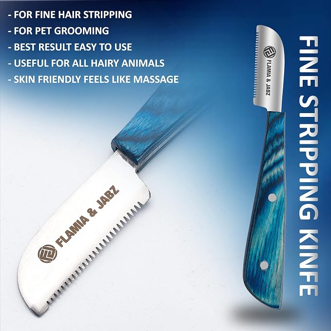 FLAMIA & JABZ FJ Professional Stripping Knife kit (6 pieces set) for Dogs & Pets, Wooden Handle Grip with Stainless Steel Blade (Right handed) (Blue)