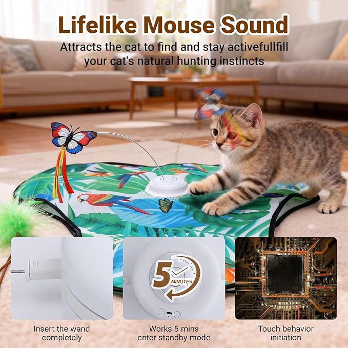 Cat Toys Interactive Rechargeable,Moving Concealed Feathers(Green) | Real Mouse Squeaky,Touch Activated Cat Kitten Toy Exercise Toys for Indoor Bored Adult Cats