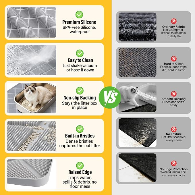 Silicone Cat Litter Mat 34" x 22" Cat Mat for Litter Box with Surface Brush | Extra Large Cat Litter Box Mat for Scatter Control, Non-Slip, Waterproof Cat Litter Mat Litter Trapping Mat with Raised Edge
