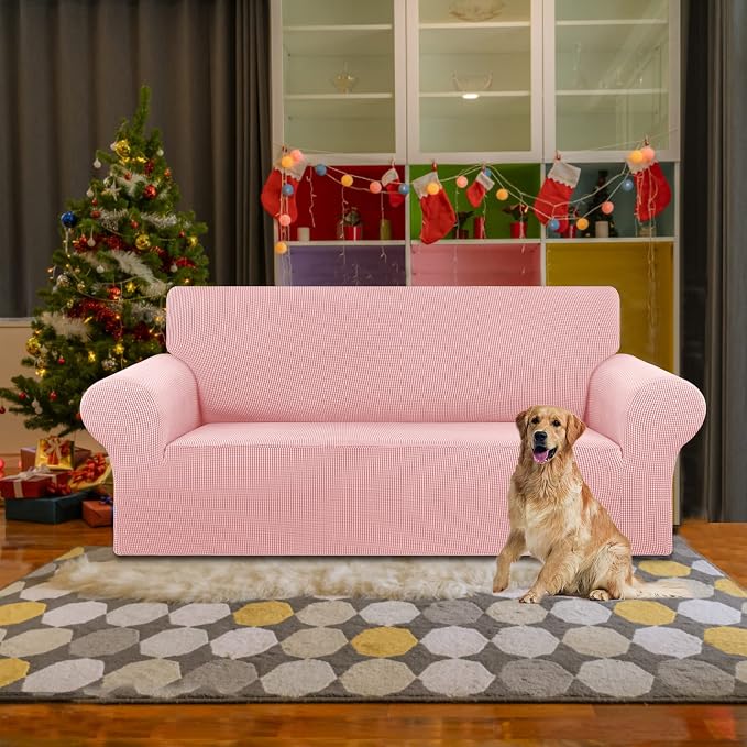 Stretch Loveseat Couch Cover, 2 Cushion Couch Slipcover,Dusty Pink | 1-Piece Washable Sofa Cover Pet Friendly (55"-78") Furniture Protector Soft Jacquard, Elastic Bottom for Dogs & Kids