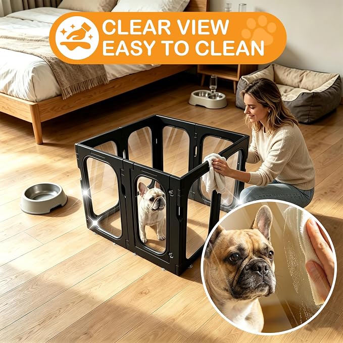 Acrylic Dog Playpen, 8-Panel Clear Transparent Puppy Playpen for Small Dogs Indoor Outdoor, Easy Assembly Foldable Pet Exercise Pen with Locking Door (Black, 25.6 INCH, 8 Panels)