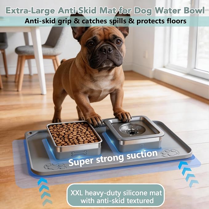 Dog Bowl Set, No Spill Dog Water and Food Bowl with Silicone Mat | Large Capacity 304 Stainless Steel Bowls, 2-In-1 Set, Slows Drinking, Anti-Slip Silicone Feeding Mat, Home/Travel, 6-7 Cups