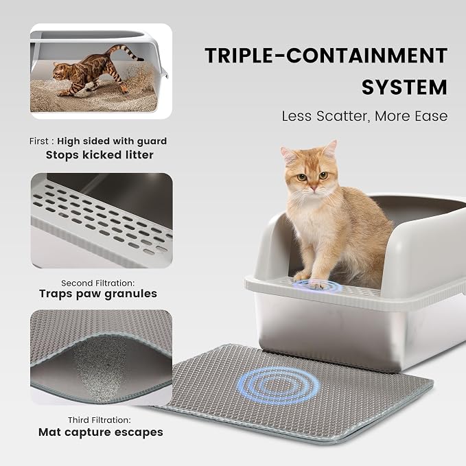 Stainless Steel XL Cat Litter Box for Big Cats- Metal Extra Large Litter Box with Lid, Include Metal Litter Scoop,Mat. High Sided with Guard Prevent Splashing. No Smell, Always New After Clean.