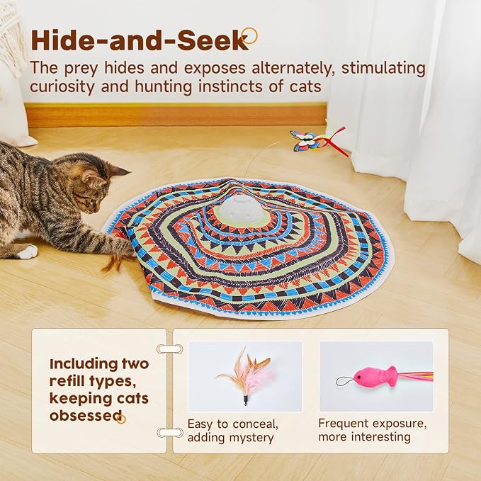 Potaroma Cat Toys Chargeable, 3in1 Hide and Seek, Interactive Fun | Automatic Fluttering Butterfly, Moving Feather, Kitten Wand, Indoor Kitty Exercise Kicker 22.8 Inch Cover for All Breeds