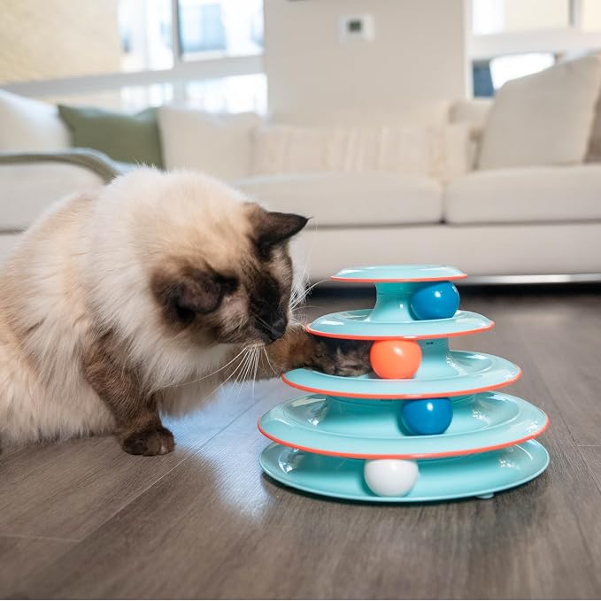 Catstages Chase Meowtain 4-Tier Interactive Cat Track Toy – 4 Spinning Balls, Non-Slip Base, Ideal for Indoor Cats, Blue
