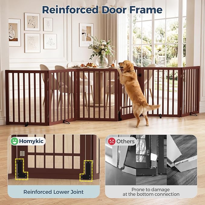 Homykic Dog Gate Indoor, 142" W x 30" H Extra Wide Foldable Bamboo Pet Gate with Door, No Assembly Freestanding Dog Fence with 2 Support Feet & 360°Hinges for Doorways Hallways (Espresso, 6 Panels)